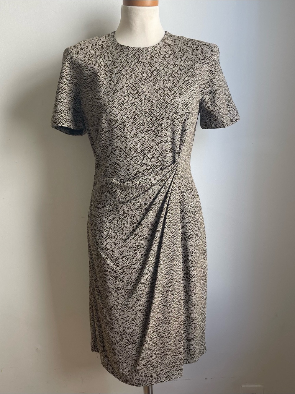 Vintage 80s Tahari Faux Wrap Dress Midi Beige Black Short Sleeve Made USA Size 6